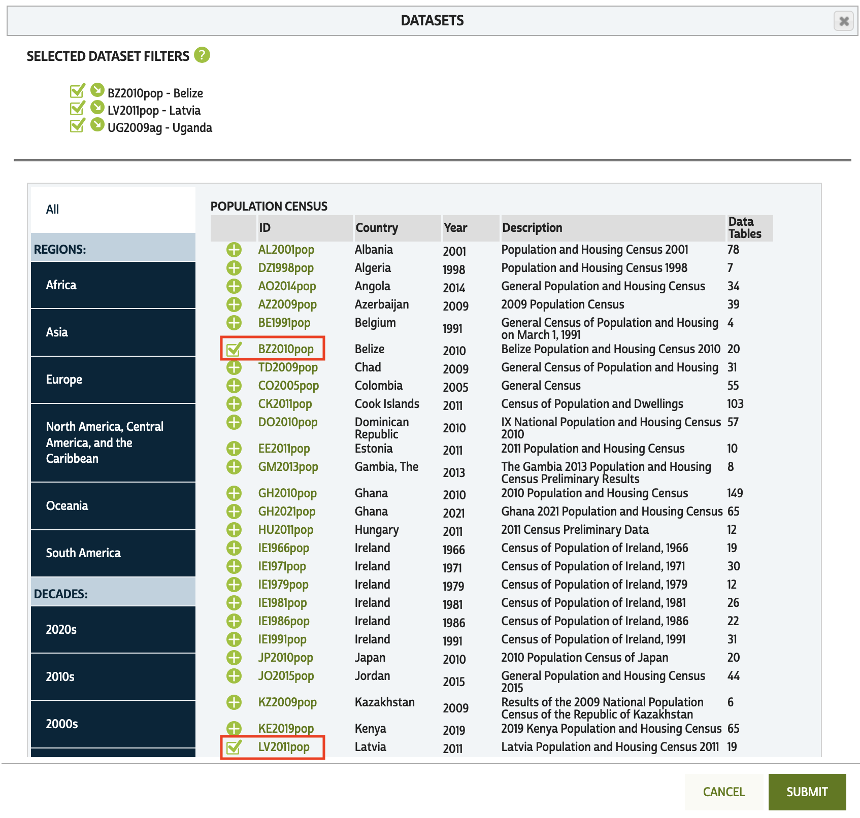 Screenshot of the Datasets filter panel with three datasets selected.