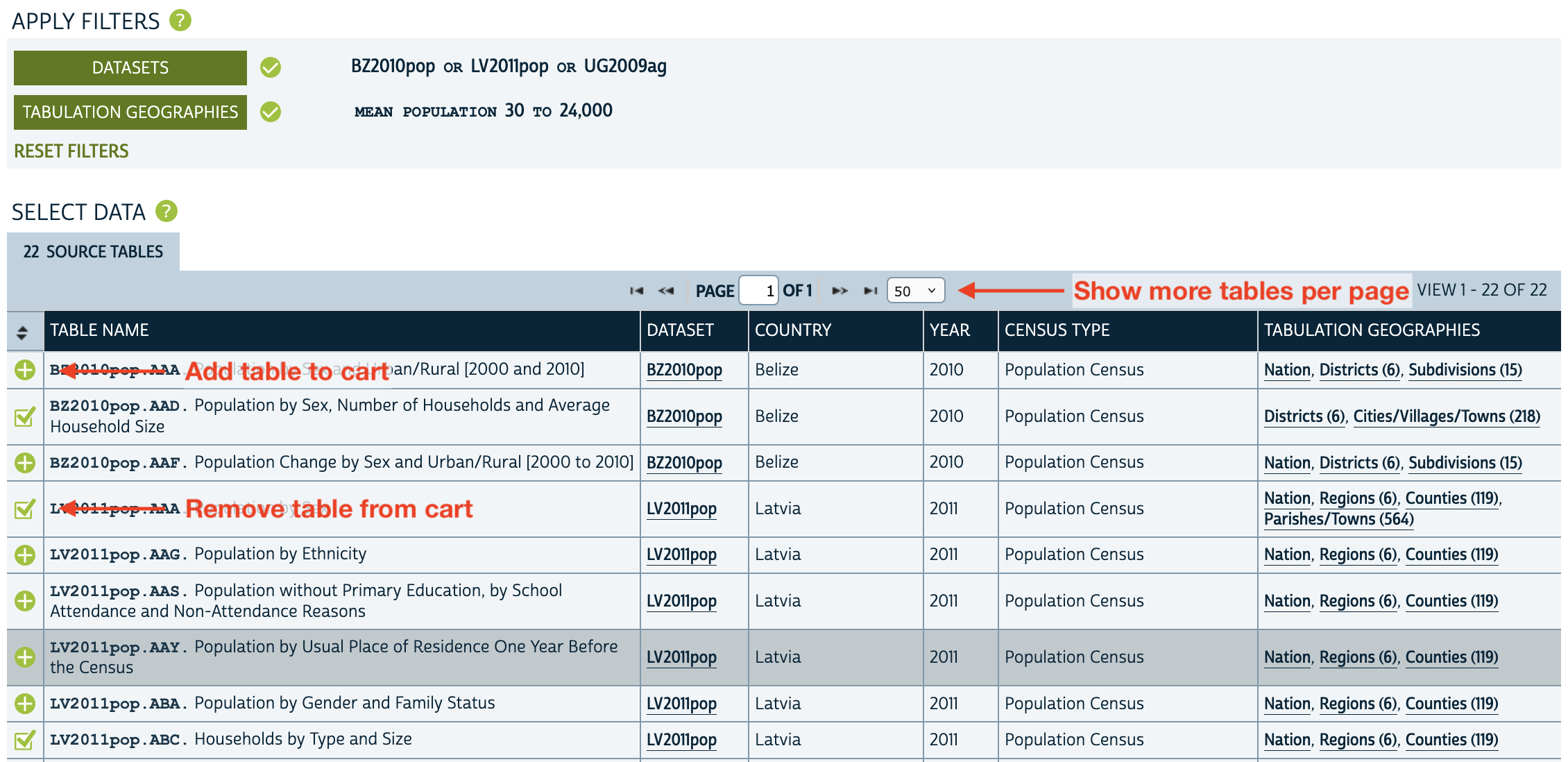 Screenshot of the Select Data page listing tables filtered to three datasets and two hierarchical levels. Three tables have been added to the cart.
