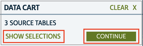 Screenshot of the Data Cart with 3 source tables added and the 'Show selections' and 'Continue' buttons highlighted in red rectangles.