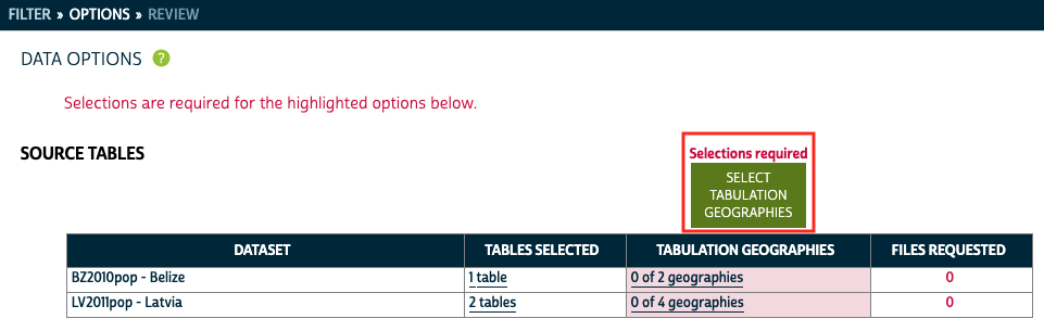 Screenshot of the Data Options page indicating the need to select tabulation geographies.