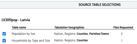 Screenshot of the Source Table Selections panel listing two tables for Latvia with two selected tabulation geographies in bold.