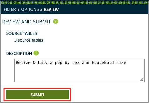 Screenshot of the Review and Submit page showing 3 source tables selected and a extract brief description. The Submit button is highlighted.