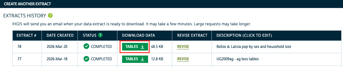 Screenshot of the Extracts History page showing two extracts and highlighting the Tables link to download the most recent extract.