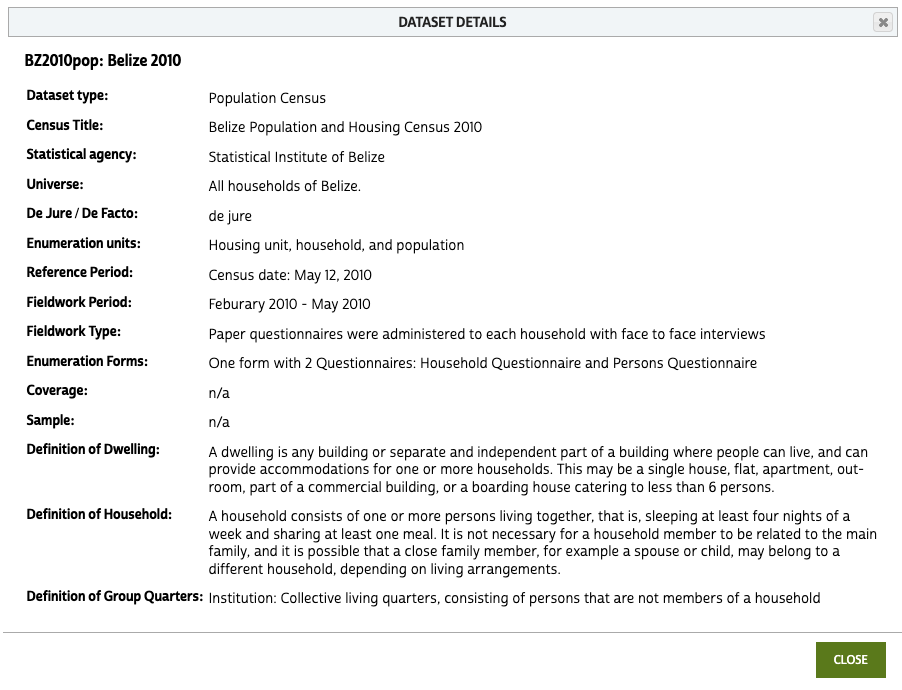 Screenshot of the Dataset Details pop-up providing metadata about the Belize 2010 population census.