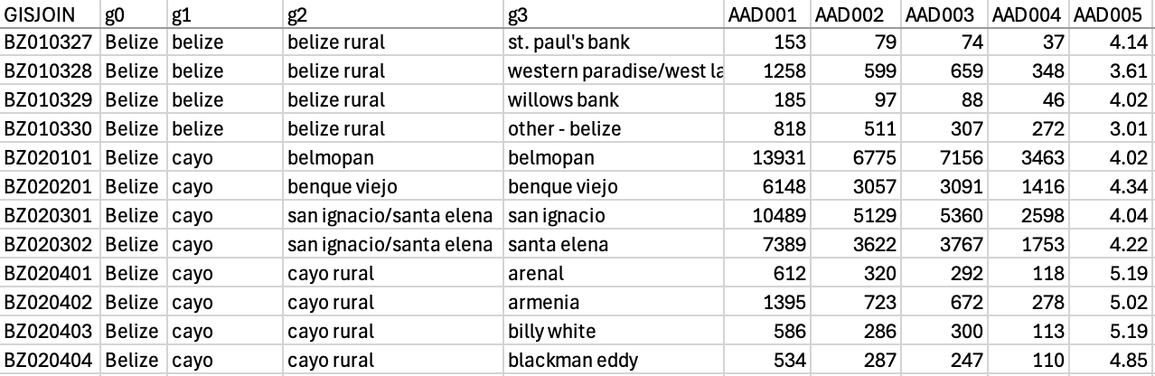 Screenshot of a data CSV file for a table from Belize 2010.