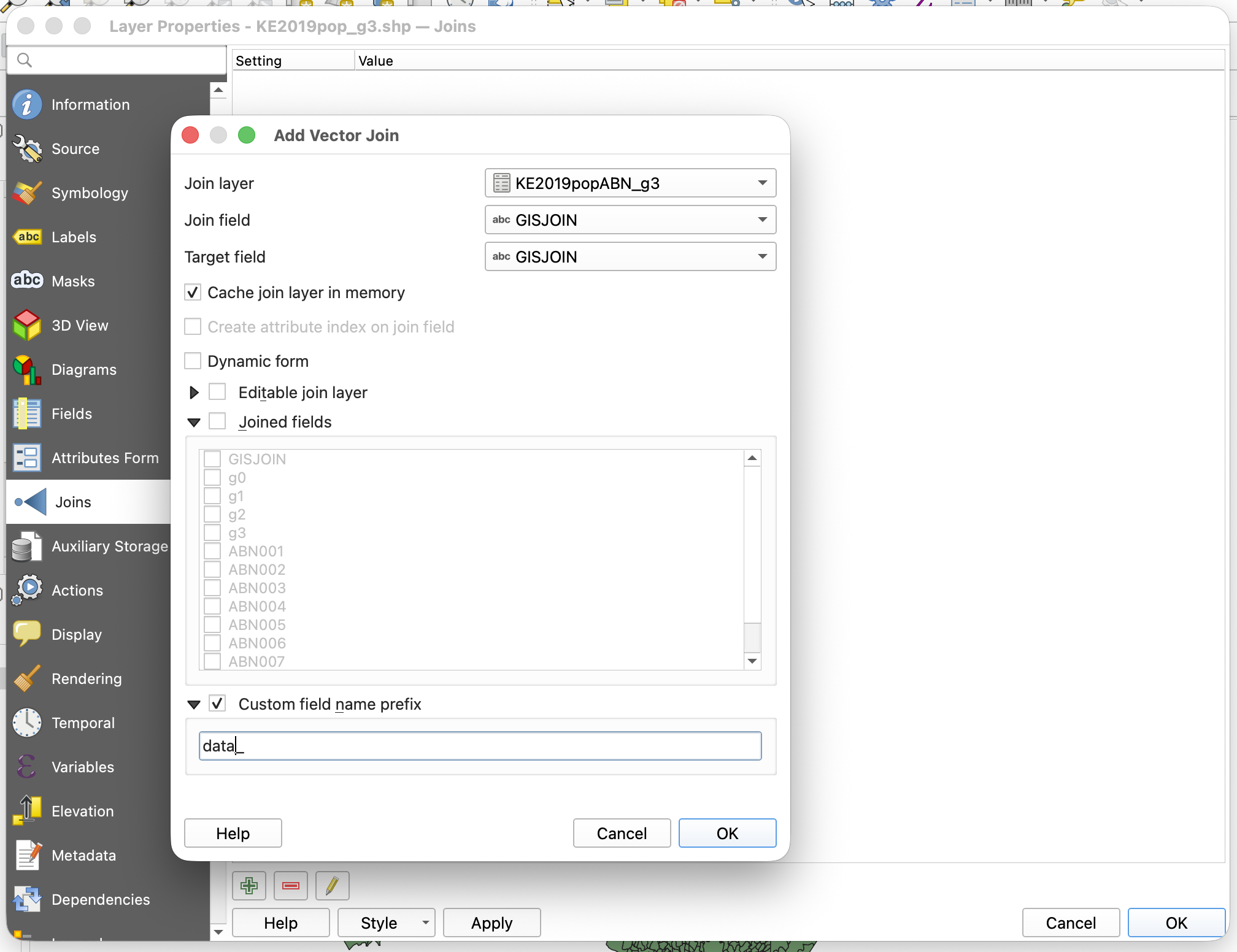 Screenshot of the QGIS Layer Properties and Add Vector Join panels, with parameters set to join the KE2019popABN data table to the KE2019pop_g3 shapefile.